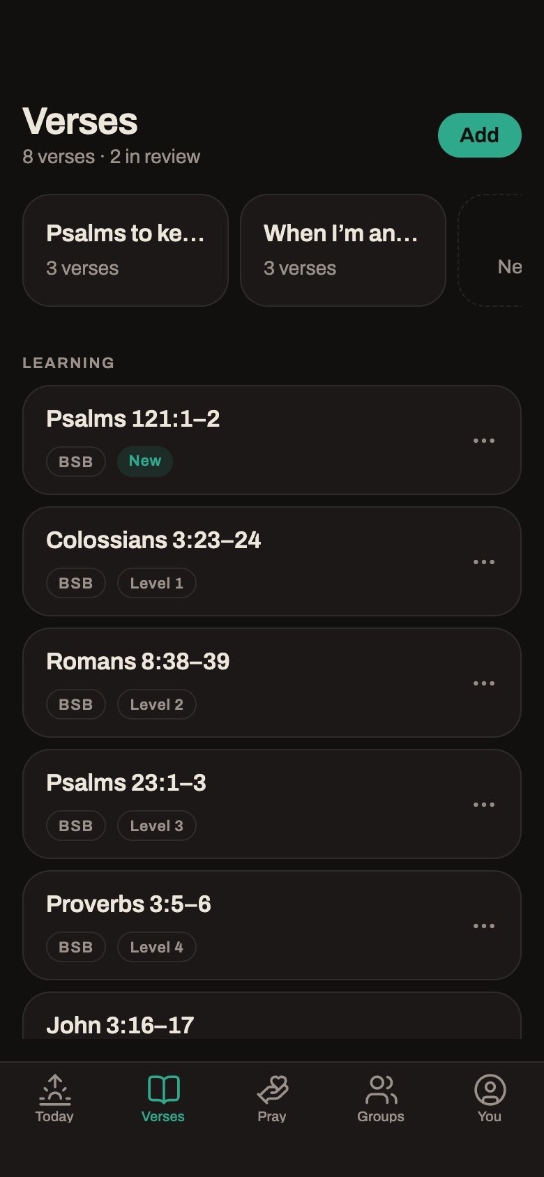 Meletao's Verses tab — eight verses in review, two collections, and a learning list where each verse carries its translation and its level