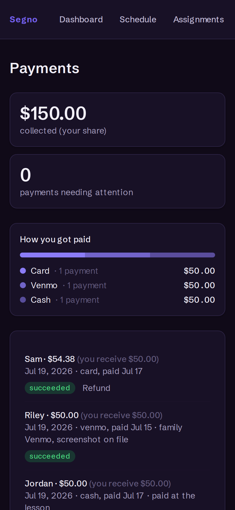 Segno payments — breakdown and per-method history