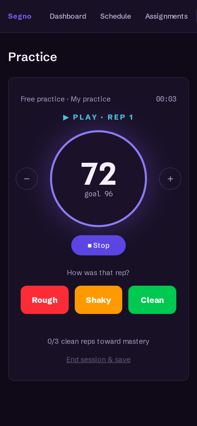 Segno practice session — metronome ring, rep rating, mastery counter