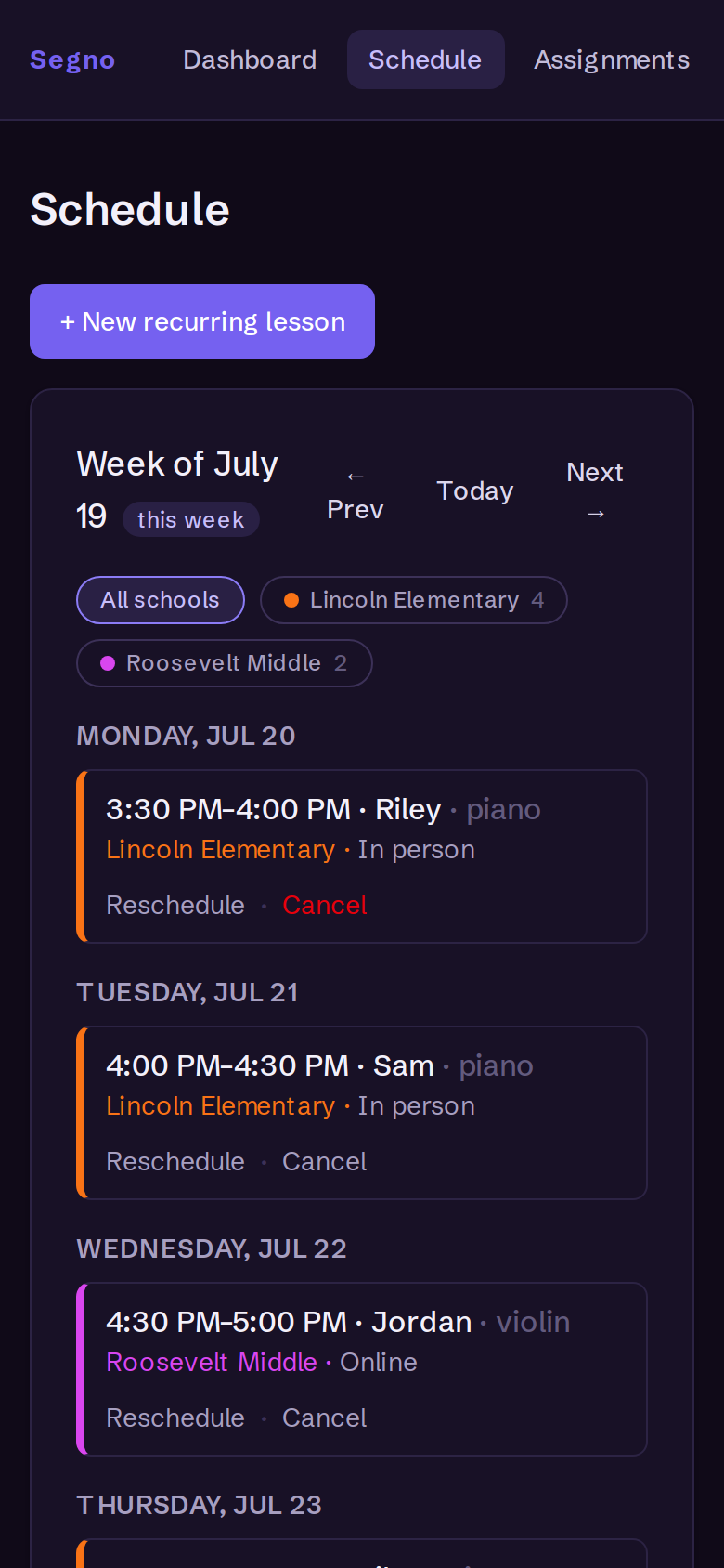 Segno schedule — recurring lessons and calendar feeds