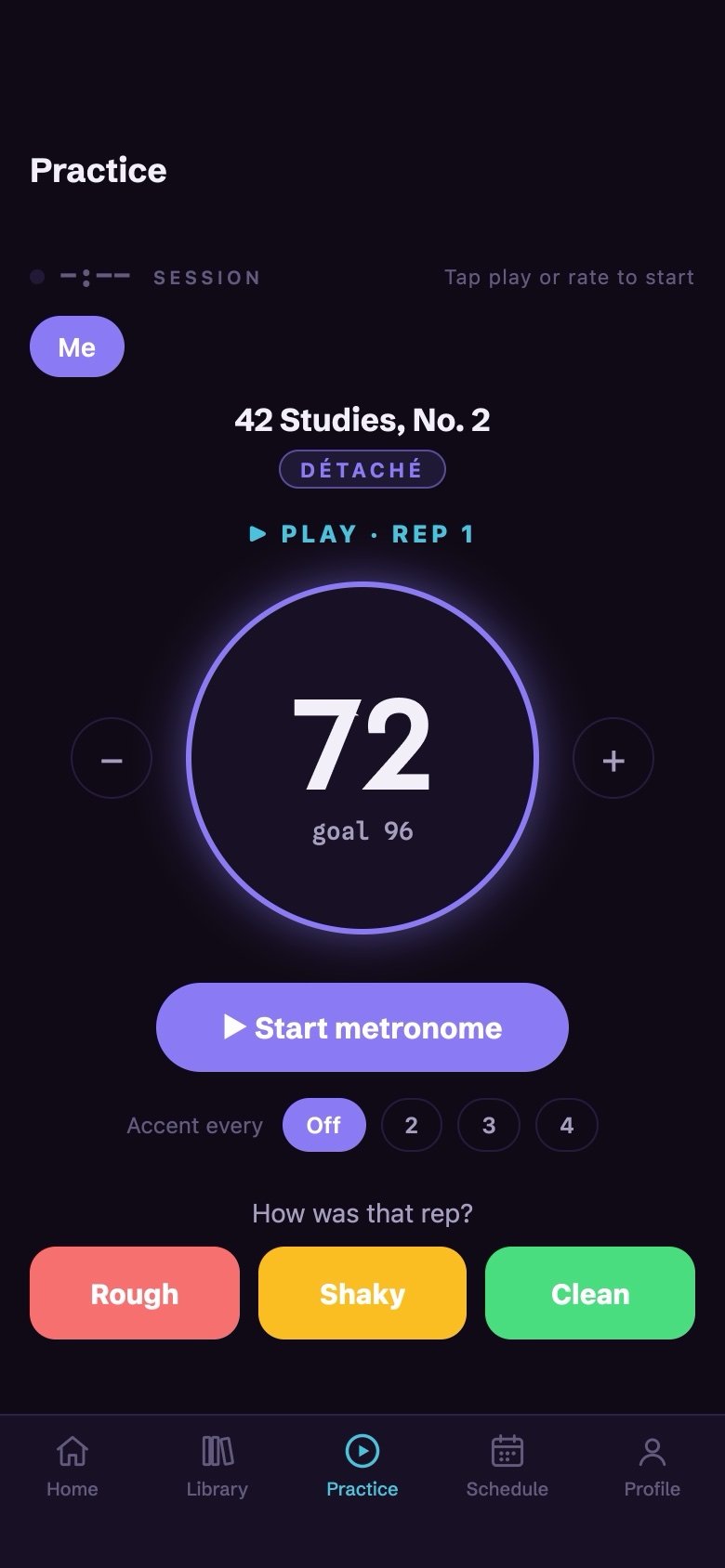 Segno's practice runner — 42 Studies No. 2, the metronome ring at 72 bpm with a goal of 96, Start metronome, and the three rating buttons Rough, Shaky and Clean