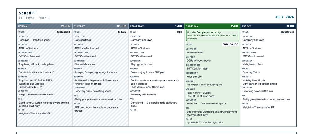 SquadPT printable brief — one squad's week across five columns on a single white landscape page