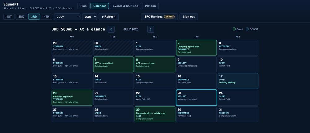 SquadPT month calendar — 3rd Squad, July 2026 at a glance with events and a DONSA training holiday highlighted