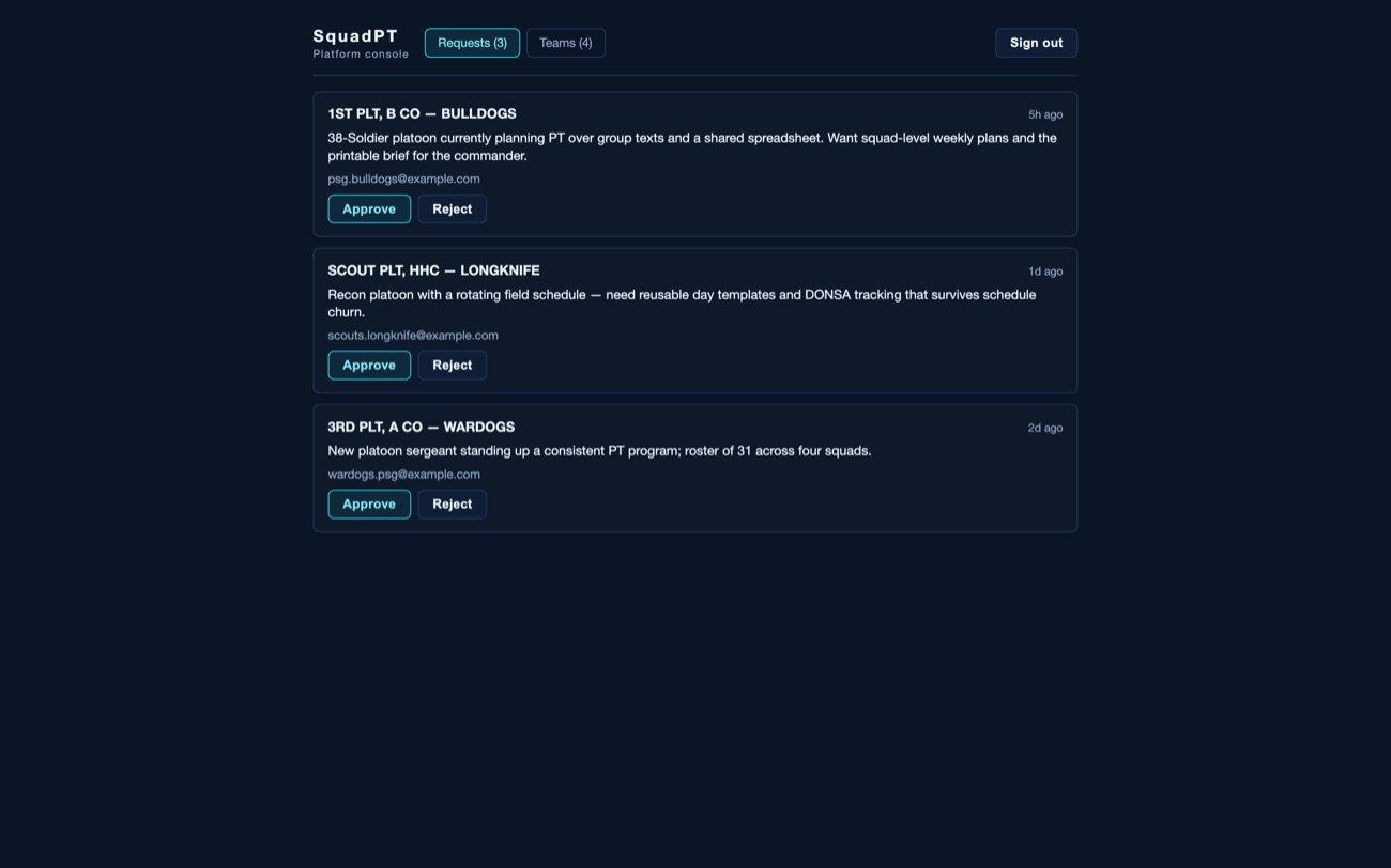 SquadPT platform console — pending team access requests with approve and reject actions