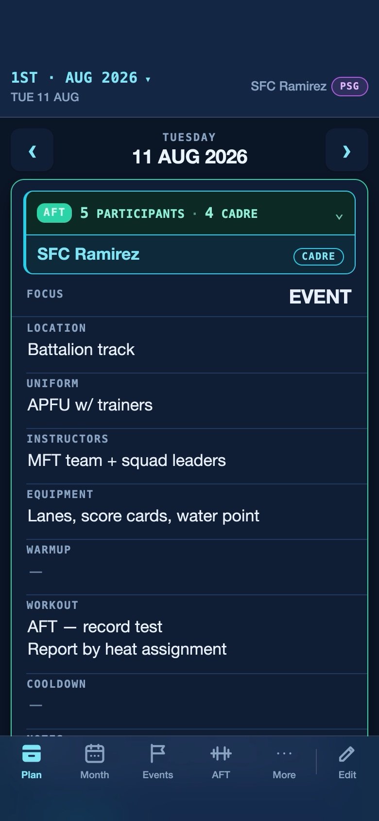 The same plan on a phone — one day at a time, all ten fields readable at arm's length, with a six-slot tab bar along the bottom