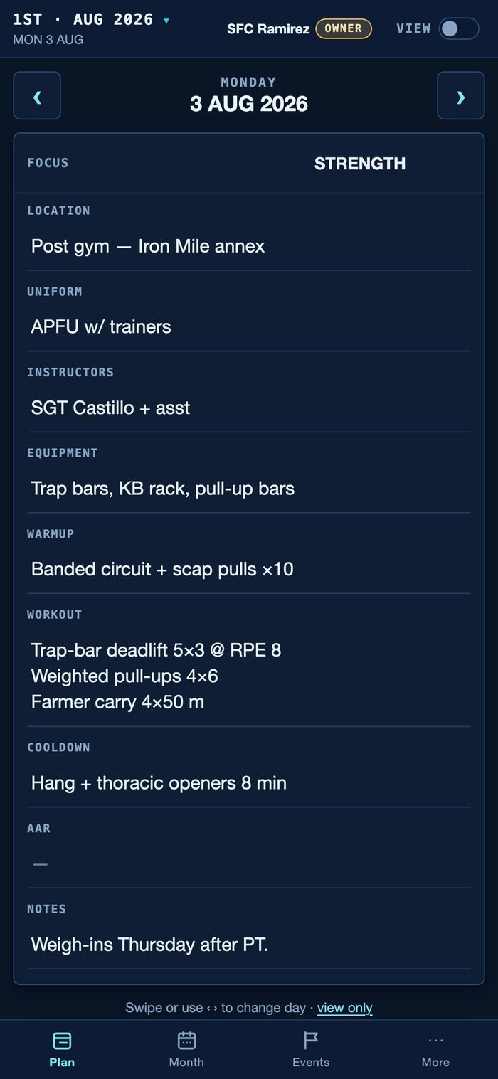 SquadPT day view on a phone — a Monday strength day with all ten fields readable at arm's length