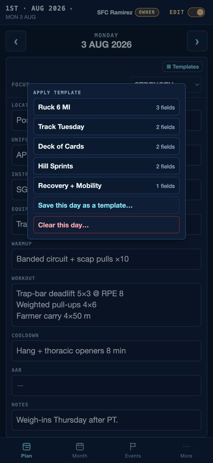 SquadPT template picker over the day editor — saved day templates ready to apply