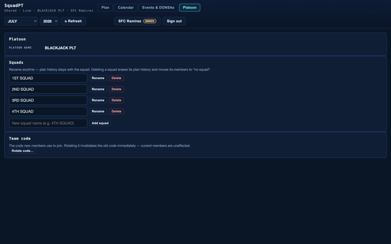 SquadPT platoon settings — four renamable squads and a rotatable team join code